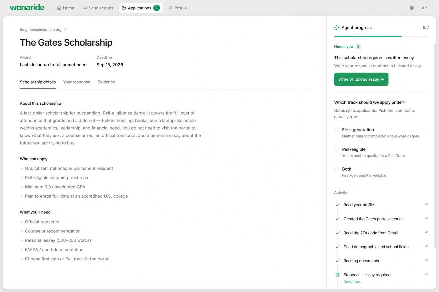 Wonaride’s actual application screen with scholarship details, essay requests, and the agent progress sidebar.